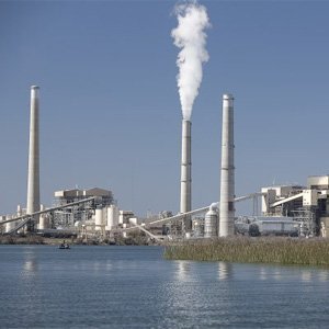 Power plant smokestacks and scrubber complex